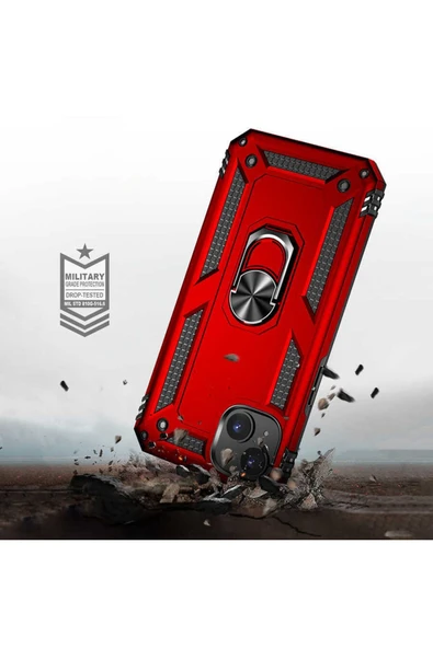 Iphone 14 Plus Ile Uyumlu Kılıf Shockproof Zırhlı Kauçuk Yüzük Tutuculu 360 Derece Kırmızı - Resim 5
