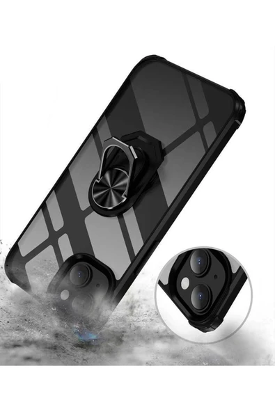 Apple Iphone 14 Ile Uyumlu Kılıf Yüzük Tutuculu Standlı Freez Lacivert - Resim 5