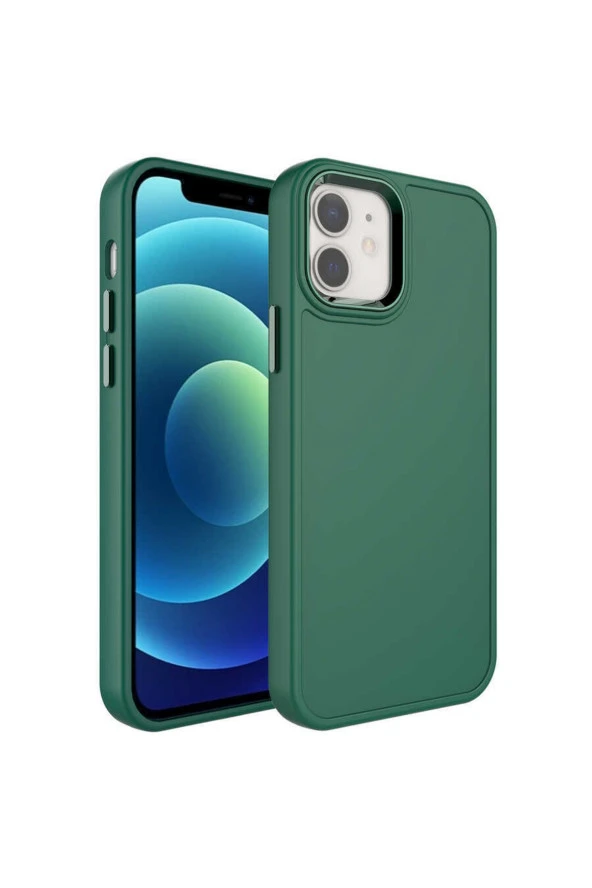 Iphone 12 Pro Ile Uyumlu Kılıf Metal Çerçeve Tasarımlı Pastel Renkli Sert Ebullience Koyu Yeşil - Resim 3