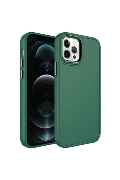 Iphone 14 Pro Max Ile Uyumlu Kılıf Metal Çerçeve Tasarımlı Pastel Renkli Sert Ebullience Koyu Yeşil - Resim 3