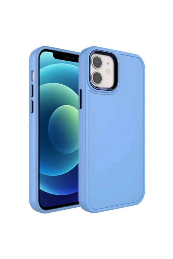 Iphone 12 Pro Ile Uyumlu Kılıf Metal Çerçeve Tasarımlı Pastel Renkli Sert Ebullience Mavi - Resim 3