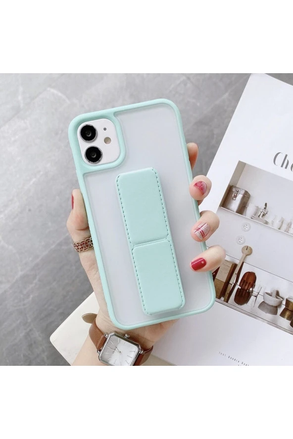 Iphone 13 Ile Uyumlu Kılıf Buzlu Şeffaf Standlı Yanları Silikon Clesta Turkuaz ürün görseli 1