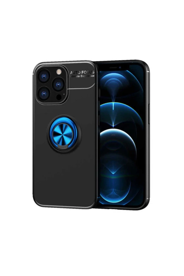 Iphone 14 Pro Max Ile Uyumlu Kılıf Yüzük Tutuculu Mıktanıslı,standlı Novel Silikon Siyah-mavi ürün görseli