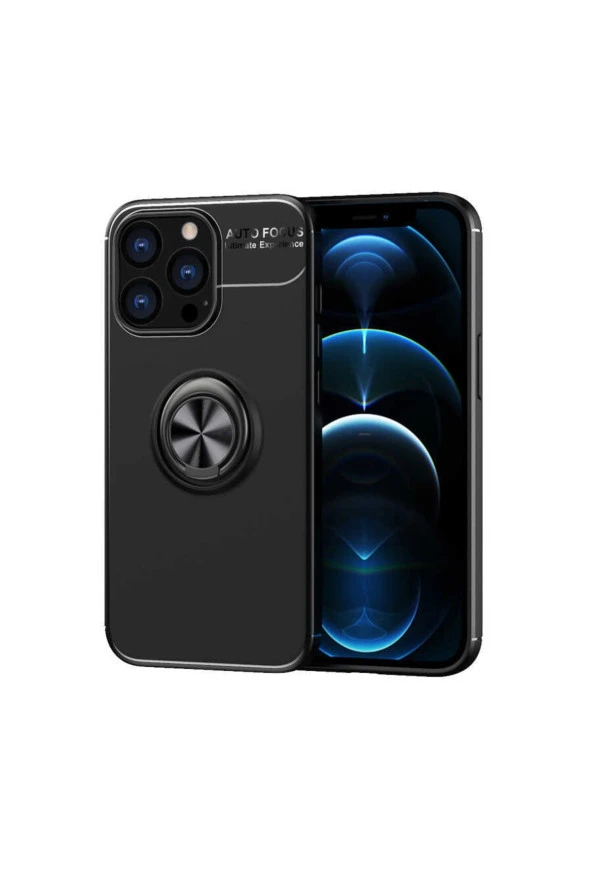 Iphone 14 Pro Max Ile Uyumlu Kılıf Yüzük Tutuculu Mıktanıslı,standlı Novel Silikon Siyah ürün görseli