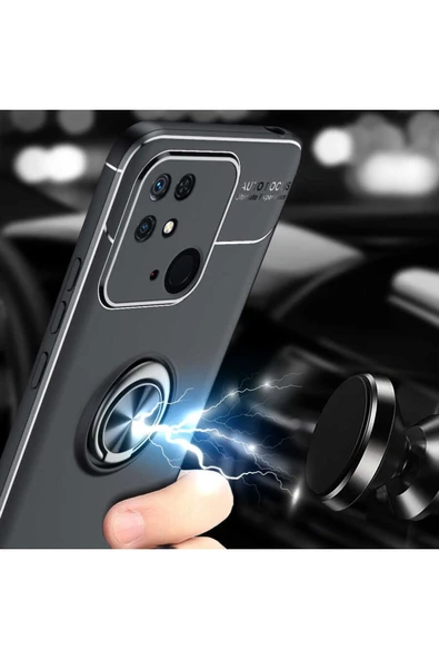 Xiaomi Redmi 10c Ile Uyumlu Kılıf Ravel Yüzük Tutuculu Standlı Silikon Siyah-kırmızı Uyumlu - Resim 5