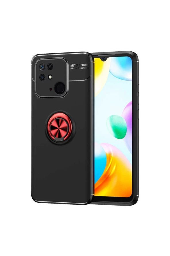 Xiaomi Redmi 10c Ile Uyumlu Kılıf Ravel Yüzük Tutuculu Standlı Silikon Siyah-kırmızı Uyumlu ürün görseli