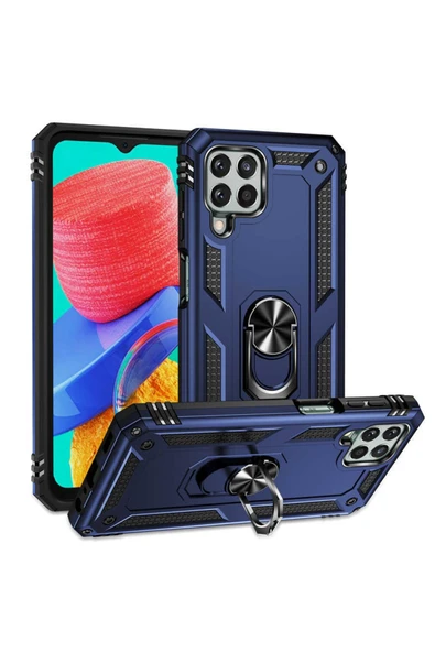 Galaxy M33 Ile Uyumlu Kılıf Shockproof Standlı Yüzük Tutuculu Mega Case Mavi - Resim 5