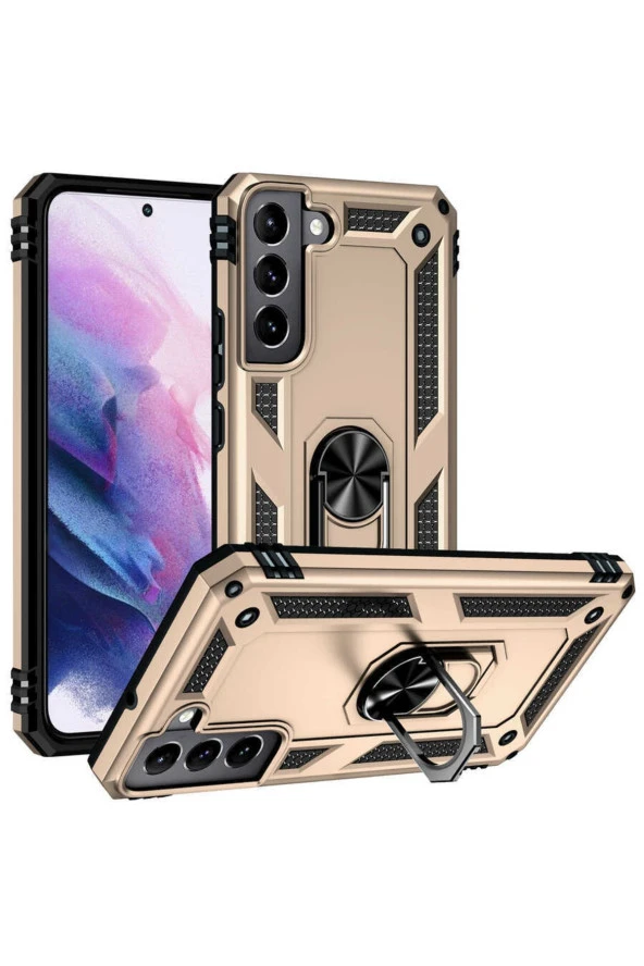Galaxy S22 Ile Uyumlu Kılıf Shockprof Yüzük Tutuculu Vega Gold
