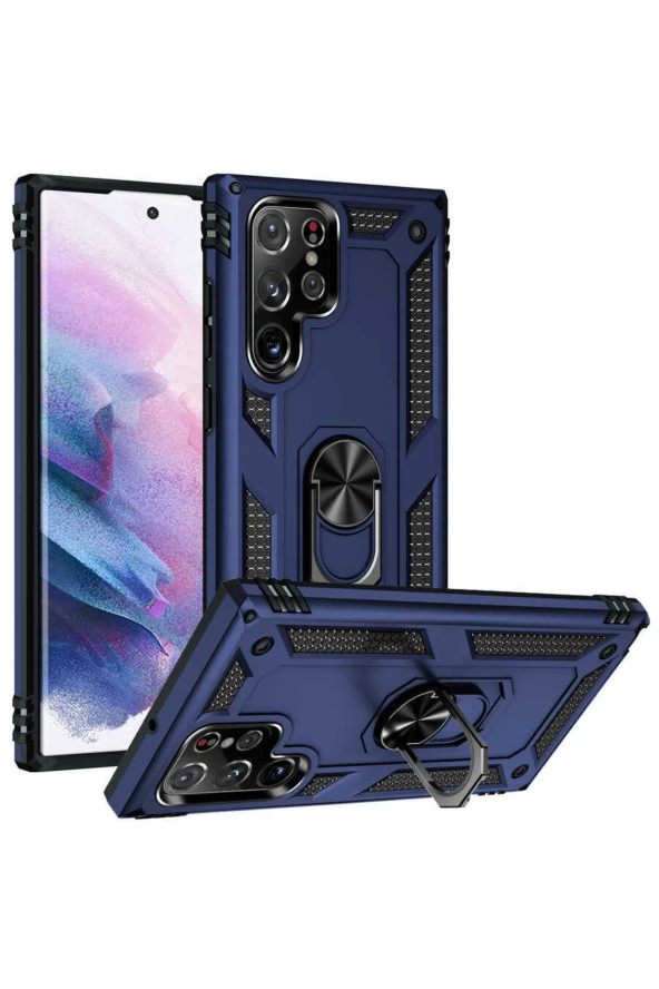 Galaxy S22 Ultra Ile Uyumlu Kılıf Shockprof Yüzük Tutuculu Vega Mavi