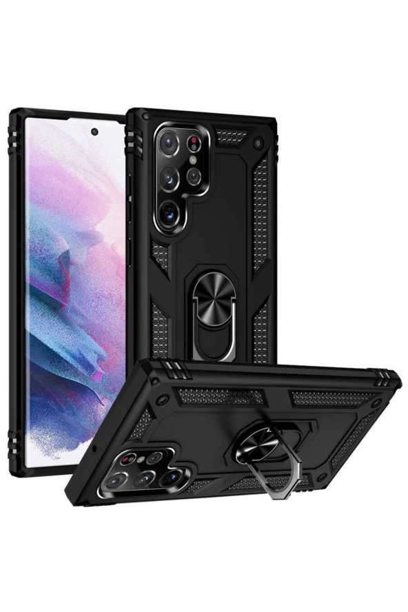 Galaxy S22 Ultra Ile Uyumlu Kılıf Shockprof Yüzük Tutuculu Vega Siyah