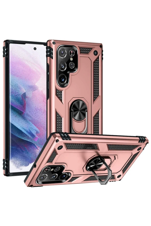 Galaxy S22 Ultra Ile Uyumlu Kılıf Shockprof Yüzük Tutuculu Vega Rosegold ürün görseli