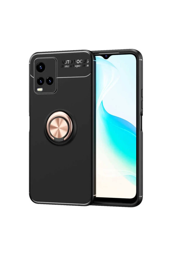 Vivo Y32 Kılıf Ravel Yüzük Tutuculu Standlı Silikon Siyah-rosegold