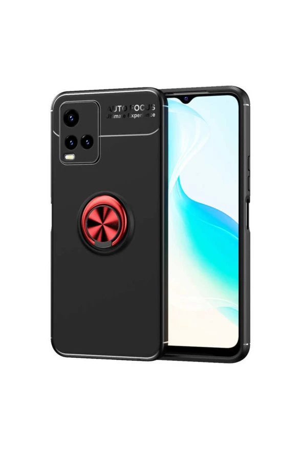 Vivo Y21s Kılıf Ravel Yüzük Tutuculu Standlı Silikon Siyah-kırmızı ürün görseli