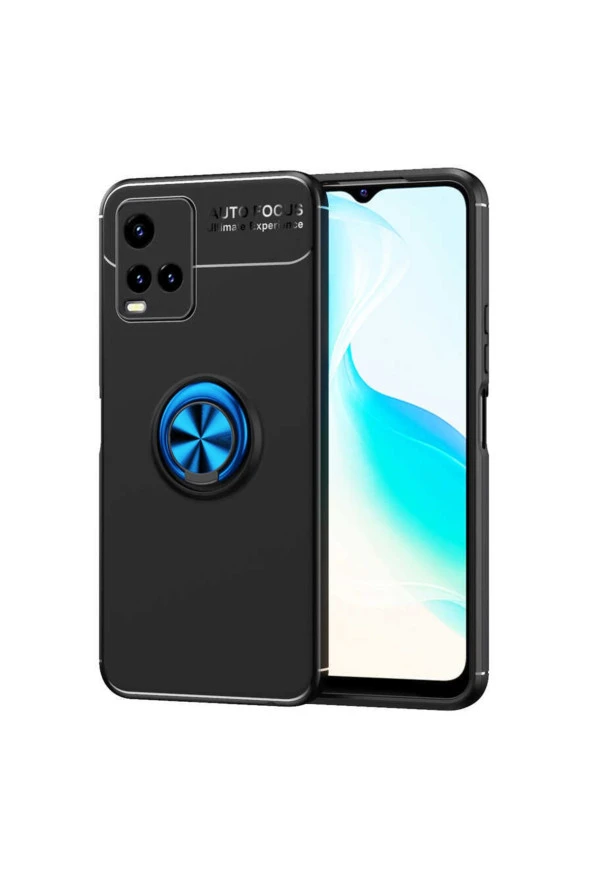 Vivo Y21s Kılıf Ravel Yüzük Tutuculu Standlı Silikon Siyah-mavi ürün görseli