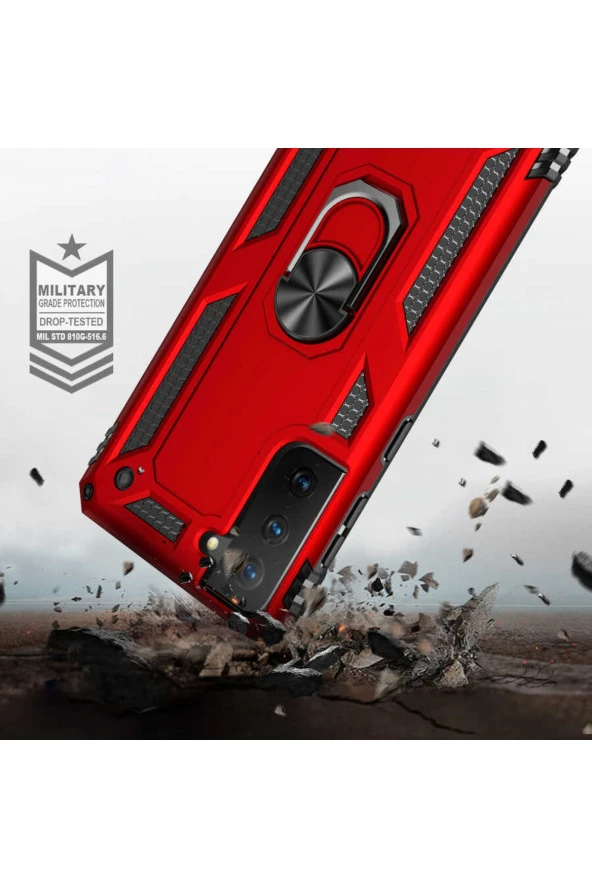 Galaxy S21 Fe Kılıf Shockproof Standlı Yüzük Tutuculu Mega Case Siyah - Resim 4