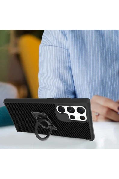 Galaxy S22 Ultra Kılıf Standlı Yüzük Tutuculu Black Kılıf Siyah Uyumlu - Resim 2
