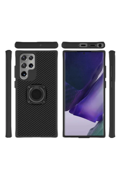 Galaxy S22 Ultra Kılıf Standlı Yüzük Tutuculu Black Kılıf Siyah Uyumlu - Resim 4