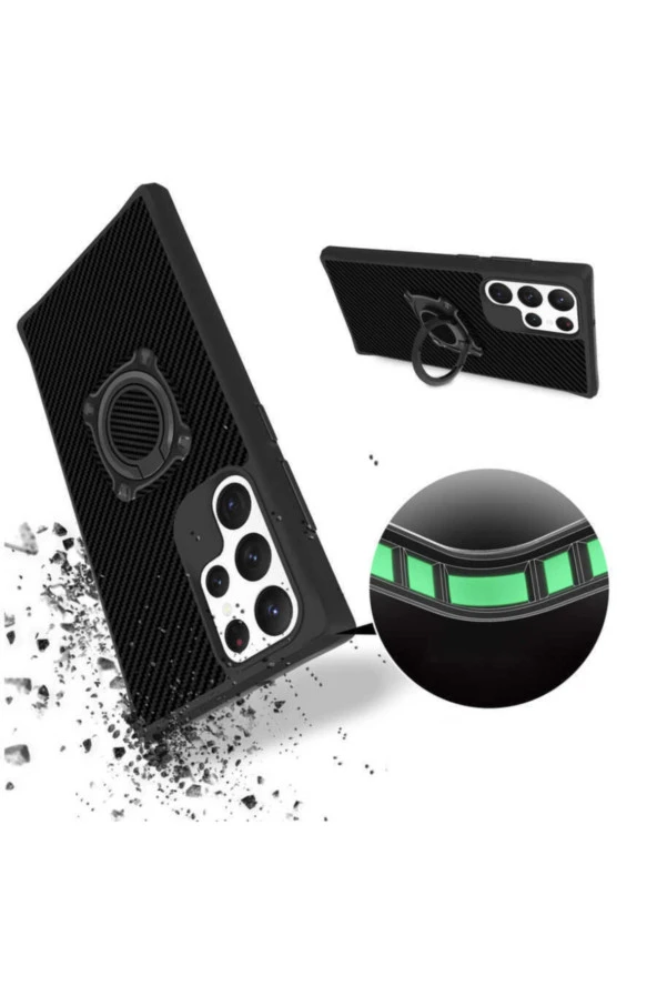 Galaxy S22 Ultra Kılıf Standlı Yüzük Tutuculu Black Kılıf Siyah Uyumlu - Resim 3