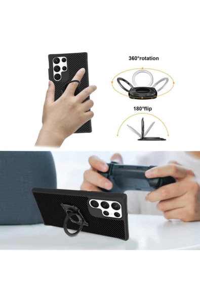 Galaxy S22 Ultra Kılıf Standlı Yüzük Tutuculu Black Kılıf Siyah Uyumlu - Resim 6