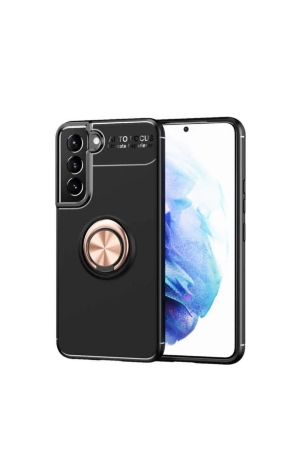 Galaxy S22 Plus Kılıf Ravel Yüzük Tutuculu Standlı Silikon Siyah-rosegold ürün görseli