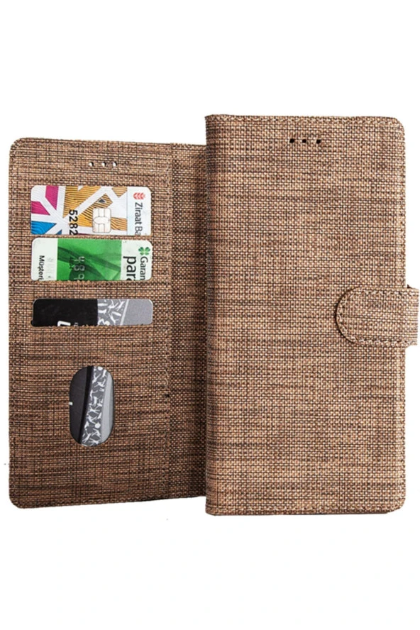 Galaxy S21 Fe Standlı Kartvizitli Ve Para Gözlü Kumaş Desen Gold ürün görseli