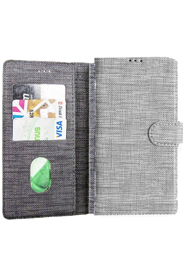 Galaxy S21 Fe Standlı Kartvizitli Ve Para Gözlü Kumaş Desen Gri ürün görseli