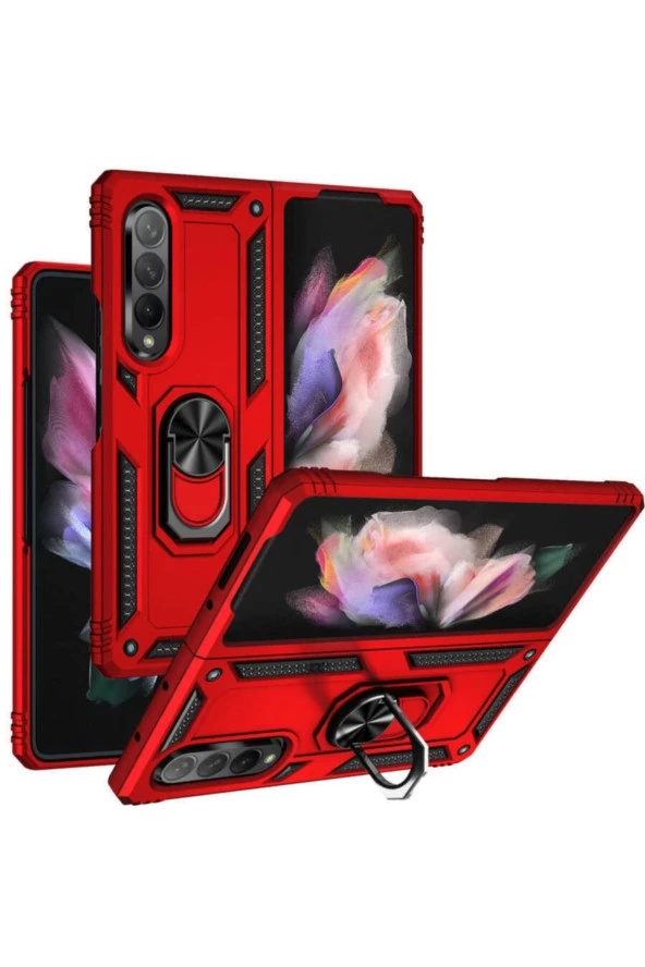 Galaxy Z Fold 3 Kılıf Shockproof Standlı Yüzük Tutuculu Mega Case Kırmızı