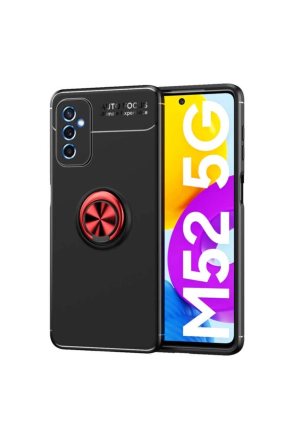 Galaxy M52 Kılıf Ravel Yüzük Tutuculu Standlı Silikon Kılıf Siyah-kırmızı