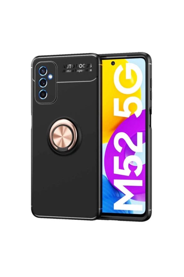 Galaxy M52 Kılıf Ravel Yüzük Tutuculu Standlı Silikon Kılıf Siyah-rosegold - 1