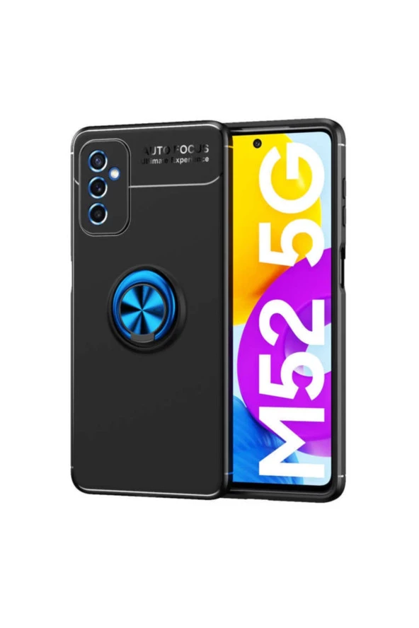 Galaxy M52 Kılıf Ravel Yüzük Tutuculu Standlı Silikon Kılıf Siyah-mavi