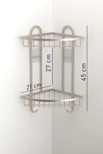 TEKNOTEL YAPIŞKANLI 2 KATLI KANCALI BANYO KÖŞE RAFI SATEN ST307 - 2
