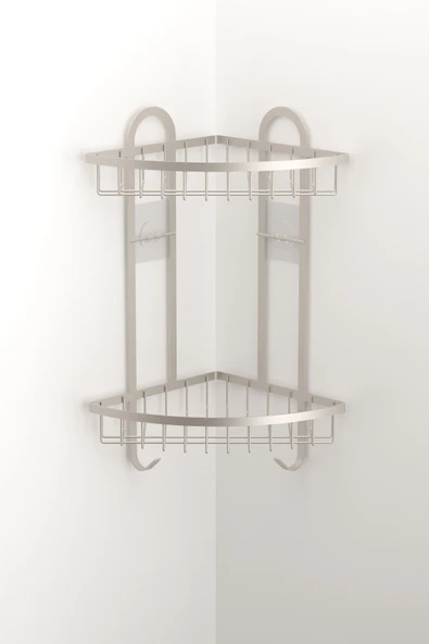 TEKNOTEL YAPIŞKANLI 2 KATLI KANCALI BANYO KÖŞE RAFI SATEN ST307 - 3