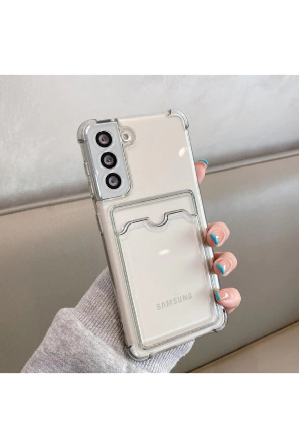 Galaxy A02s Kılıf Kart Gözlü Antishock Köşeli Kamera Korumalı Cardcase Silikon Antrasit Siyah - Resim 2