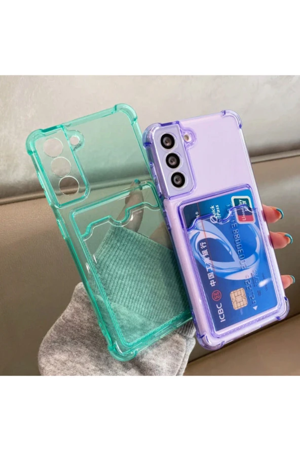 Galaxy A22 Kılıf Kart Gözlü Antishock Köşeli Kamera Korumalı Cardcase Silikon Antrasit Pembe - Resim 3