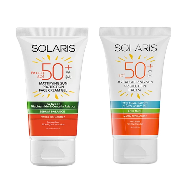 Yağlı Ciltler İçin Jel Güneş Kremi (Mat) SPF 50+ (50 ml) ve Yaşlanma Karşıtı Güneş Kremi SPF 50+