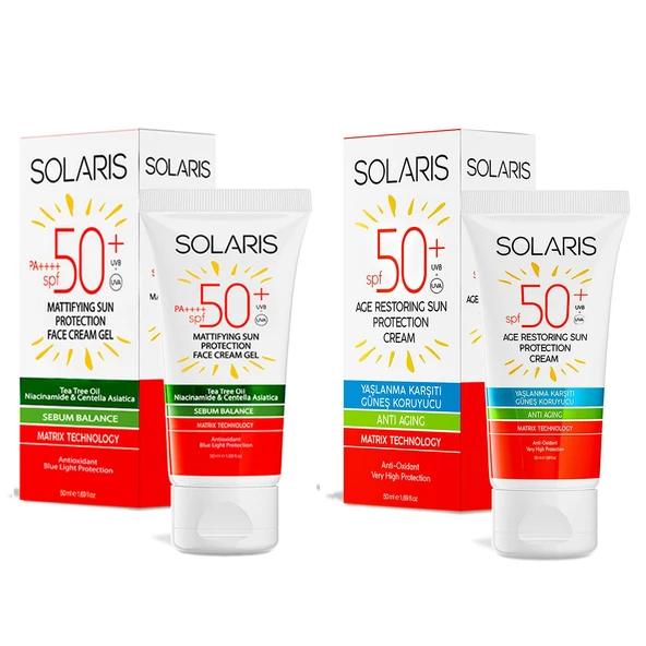 Solaris Yağlı Ciltler İçin Jel Güneş Kremi (Mat) SPF 50+ (50 ml) ve Yaşlanma Karşıtı Güneş Kremi SPF 50+ - 2