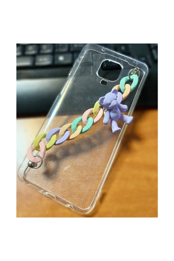 Galaxy A6 Plus Kılıf Renkli Zincir Aparatlı Ayıcık Süslü Casebear Süper Şeffaf Silikon - Resim 4