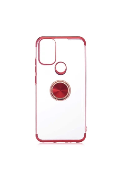 General Mobile 21 Plus Uyumlu Kılıf Dört Köşeli Yüzük Tutuculu Şeffaf Silikon Reverse Kırmızı - Resim 2