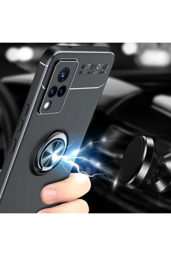 Vivo V21  uyumlu  Yüzük Tutuculu Mıktanıslı , Standlı Novel Silikon Kılıf Siyah-rosegold - 4
