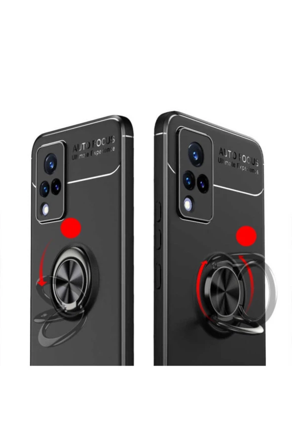 Vivo V21 Uyumlu   Yüzük Tutuculu Mıktanıslı , Standlı Novel Silikon Kılıf Siyah - Resim 2