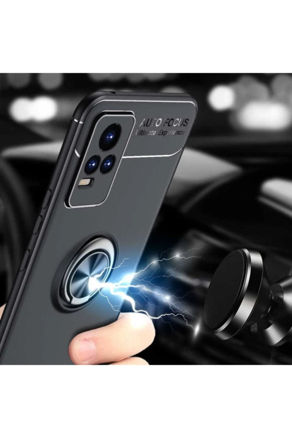 Vivo V21e  Uyumlu    Yüzük Tutuculu Mıktanıslı , Standlı Novel Silikon Kılıf Siyah-kırmızı - 3