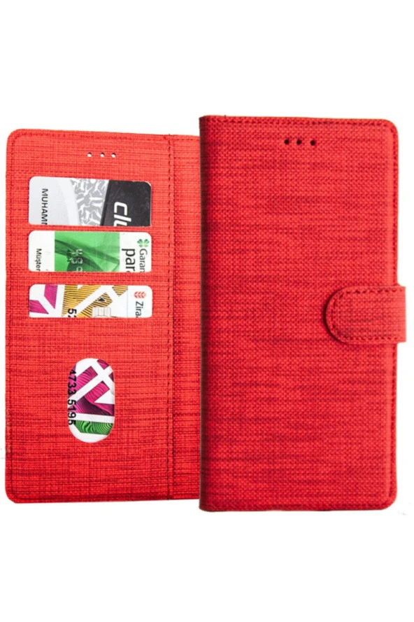 Galaxy M31s Standlı Kartvizitli Ve Para Gözlü Kumaş Desen Cüzdan Kılıf Kırmızı - Resim 4