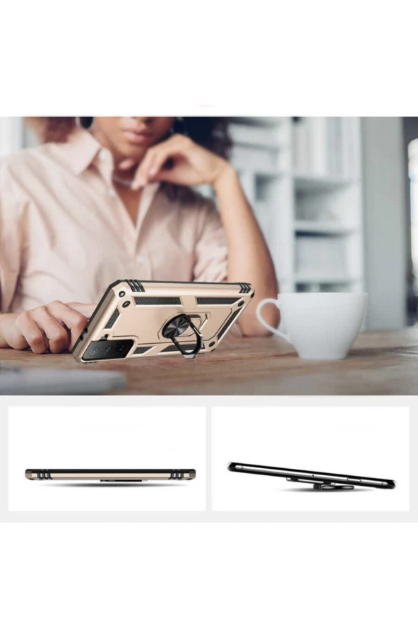 Galaxy S21 Plus Kılıf Shockproof Yüzük Tutuculu Vega Gold - Resim 4