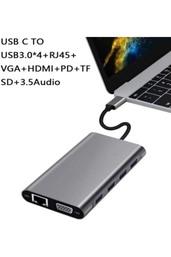 Type-C To HDMI Adaptör 11 In1 4USB 3.0 4K HDMI VGA Type C RJ45 Ethernet SD TF Kart Okuyucu 3.5mm AU - Resim 4