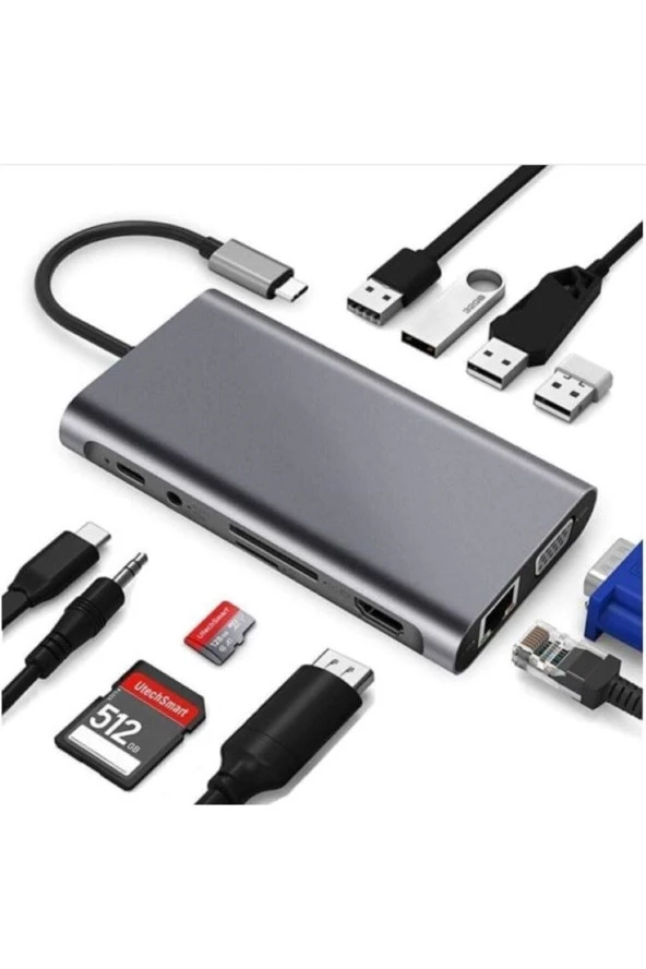 Type-C To HDMI Adaptör 11 In1 4USB 3.0 4K HDMI VGA Type C RJ45 Ethernet SD TF Kart Okuyucu 3.5mm AU - Resim 3