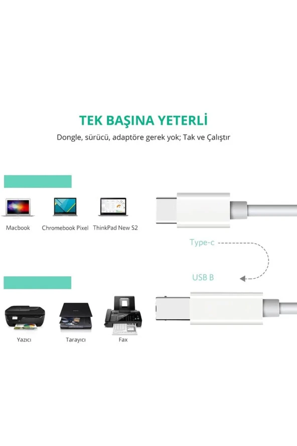 Type-c Usb B Printer Kablosu 2 Metre Beyaz Type-c Yazıcı Kablosu - 3