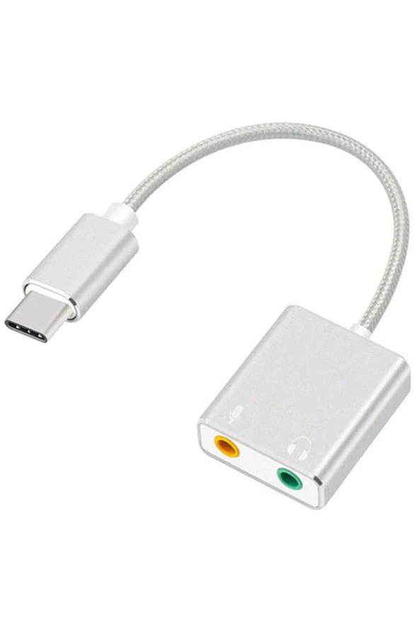 Macbook Uyumlu Usb Type-c To Harici Ses Kartı Adaptörü Jack 3.5mm Kulaklık + Mikrofon - Gümüş