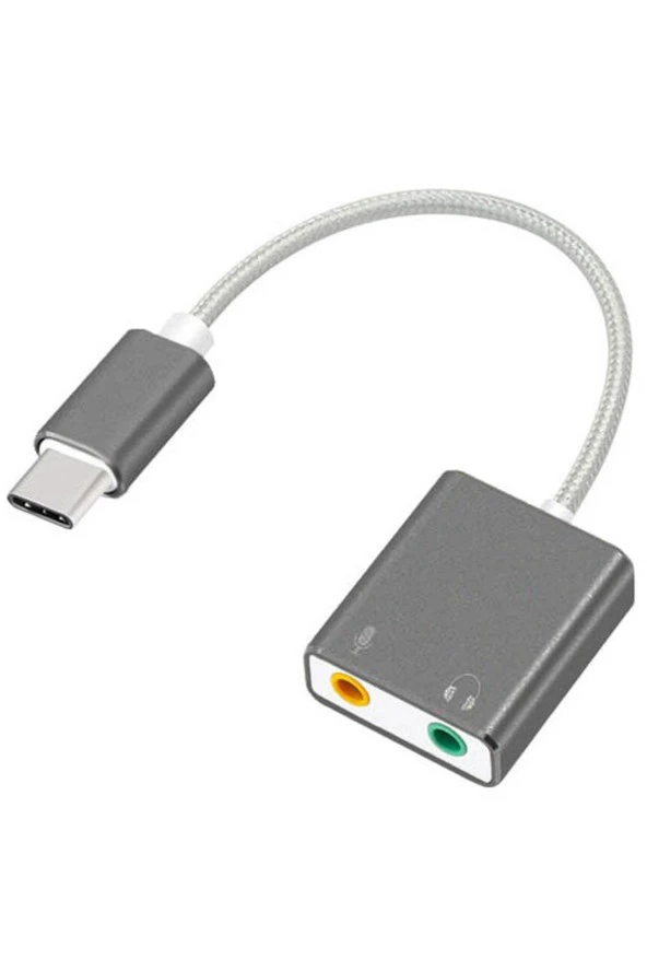 Macbook Uyumlu Usb Type-c To Harici Ses Kartı Adaptörü Jack 3.5mm Kulaklık + Mikrofon - Gri