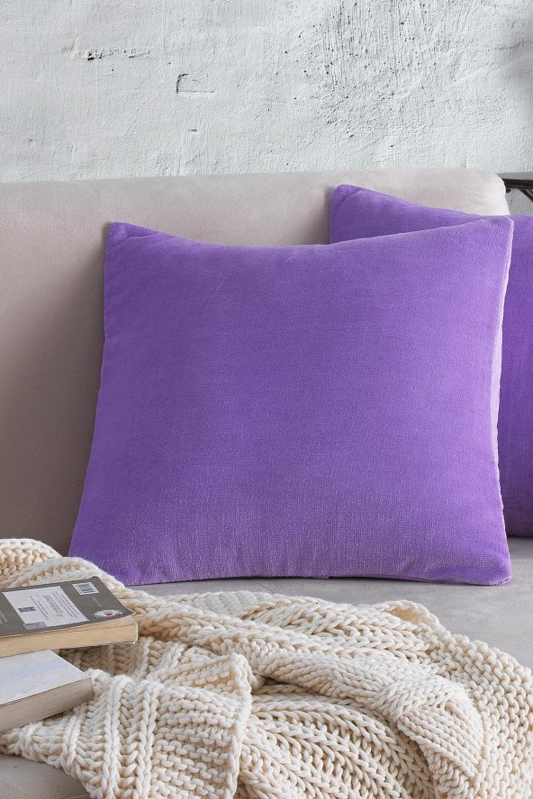 Cozy | 2 Adet Mor Renk Kadife Pamuklu Kırlent Yastık Kılıfı 44x44 Cm - 2