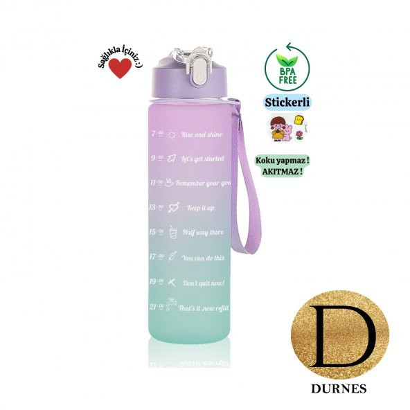 DURNES-Motivasyonel 2li Pipetli Stickerli Su Matarası uluk 2LT+900ML Yavrulu Tritan Motivasyon set - 3